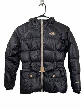 North Face 550 Belted Goose Down Cocolee Black Gold Puffer Jacket. GIRLS 14/16